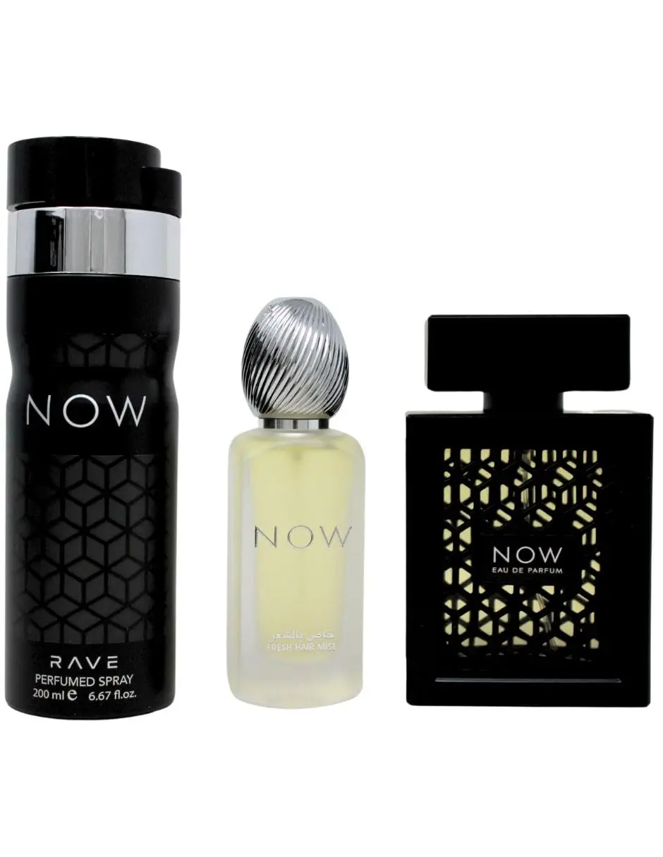 Lattafa Rave Now 3pcs Gift Set for MEN 3.4oz EDP Spray 1.7oz Hair Mist 6.7oz Deo Spray Floral Fragrance Ideal for Gifting or Personal Use