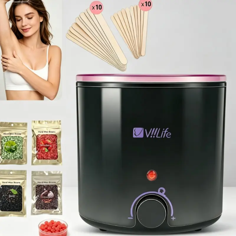 Viilife Hair Removal Kit, Waxing Set, Adjustable Temperature Wax Heater, 4 Flavors, 20 Wooden Sticks, Pain-Free Full Body Depilation, Gentle on Sensitive Skin