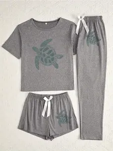 Turtle Three-Piece Home Wear Loungewear Set, Casual Loose-Fitting Cartoon Pattern, All Seasons Comfortable Sleepwear Pajama, Ideal for Daily Use