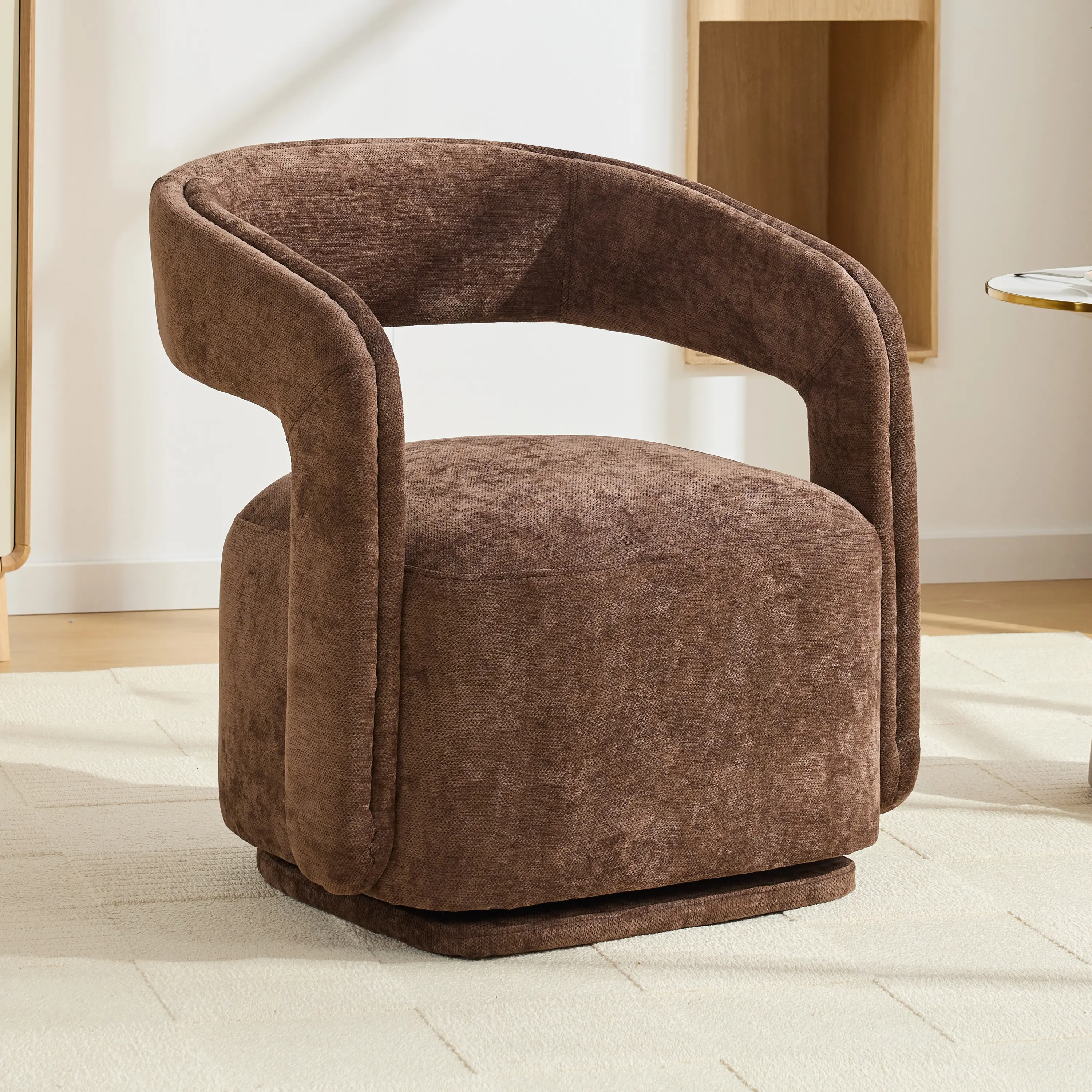 Chenille Fabric Swivel Accent Armchair - Furniture-Style, Barrel Chair, Curved Design, Large Barrel, Lounge Armchairs - Comfy Upholstered Reading Chair with Curved Backrest, Black Swivel Base, 22in Seat Depth, 360° Rotation, Furniture-Style Armchairs