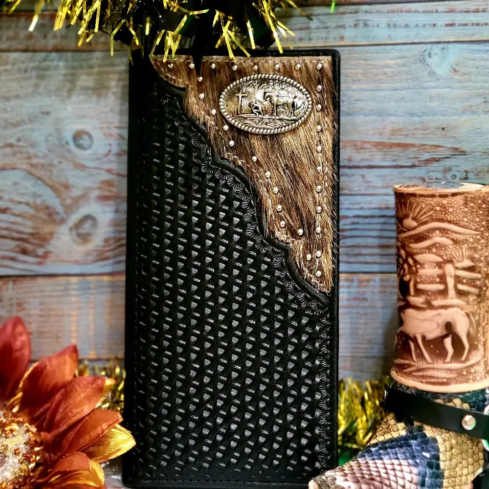 PrayingCowboy  concho Western Genuine Leather cowhide Wallet Handtooled Bi-Fold 7.5 Inches Long with Credit Card Slots, Cash Compartments & Back Pocket BLACK and tan Exquisite Cardholder