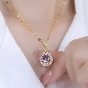 Hot-Selling Purple Water Drop Necklace, Chic Minimalist Pendant Jewelry, Elegant Everyday Collarbone Chain Fashion Accessory for Women
