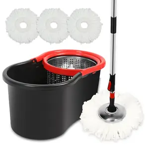 Spinning Mop Bucket Floor Cleaning Tool with 3 Microfiber Heads 61" Adjustable Stainless Steel Handle for Home Use