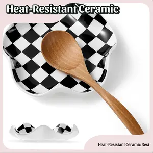 Ceramic Spoon Rest, 5.3in Black & White Pattern, Heat Resistant Cooking Spoon Holder for Kitchen Countertop, Stove Top, Spatula, Ladle, Coffee Spoon Rest