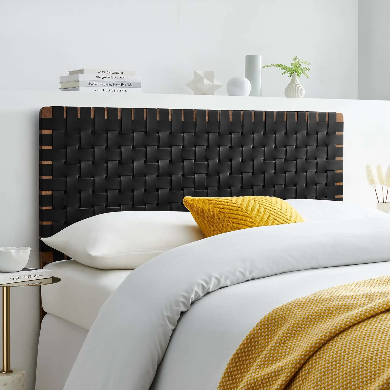 Modway Sparta Weave Full-Size Wood Headboard, Vegan Leather Upholstered, Walnut Black Finish