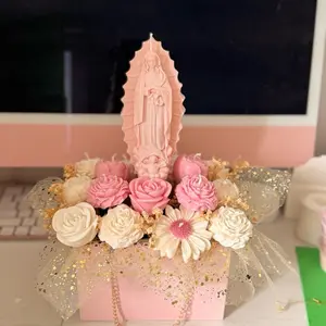 Handcrafted Candle Arrangement: Elegant Home Decor and Gifts with Pink Roses and Gold Tulle
