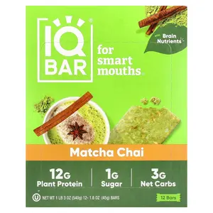 IQBAR Plant Protein Bar, Matcha Chai, 12 Bars, 1.6 oz (45 g) Each