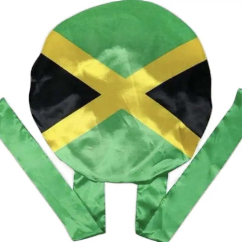 Jamaican Flag Satin Hair Bonnet - Green, Gold, Black Hair Accessory with Snug Fit, Lace Band, Ethnic Design for Any Occasion Sleep Cap