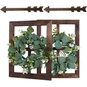 Rustic  Wall Decor with Green Wreath and Arrows, Farmhouse Wooden  Window Decoration, Set of 2 (Brown)