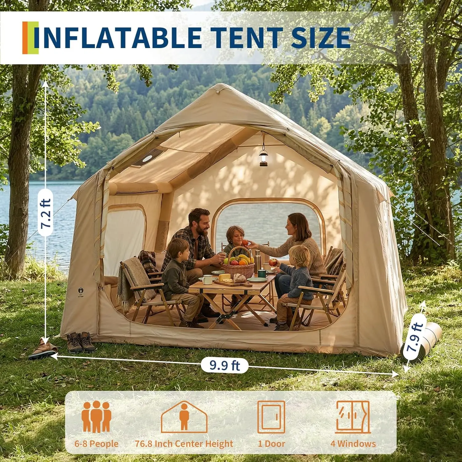 Garvee Large Inflatable Camping Tent for 4–6 People – Fast Setup with Hand Pump, Weather-Resistant, Portable Waterproof Outdoor Hiking Shelter – 8 Square Feet
