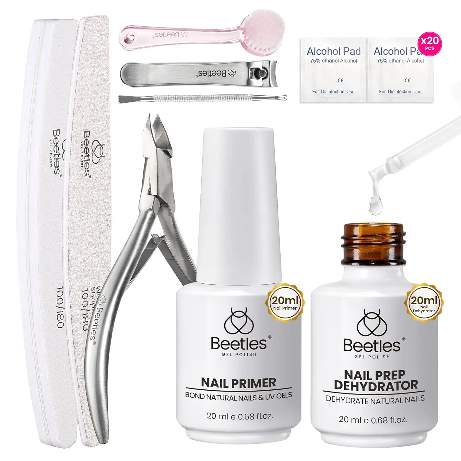 Beetles Nail Prep Kit Nail Dehydrator and Primer Nail Care Tool Kit 20ml Large Capacity Acid-Free & Hema-Free Dehydrate Bond Primer with Manicure Tools for Acrylic Nail for Women
