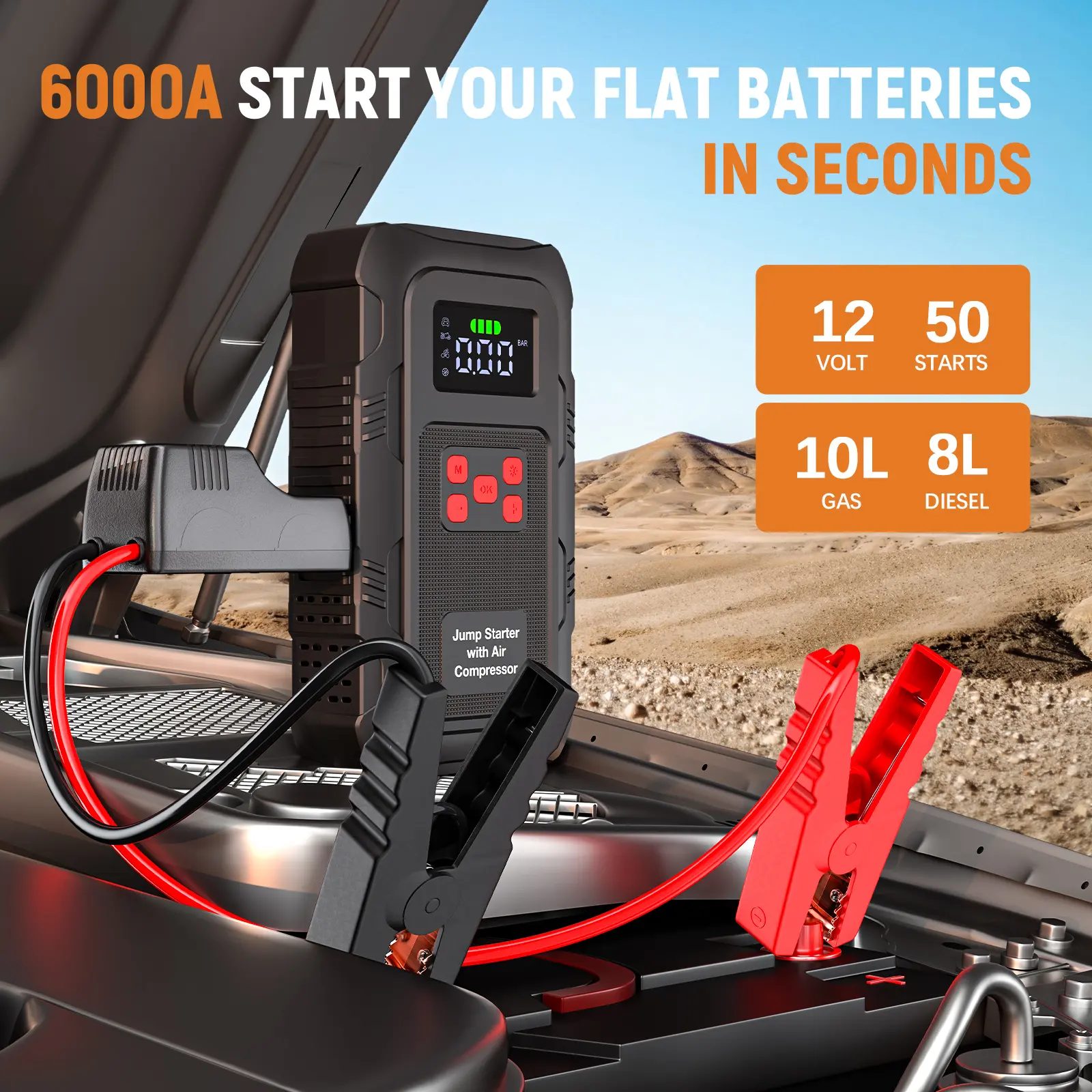 HPBS Portable 12V Car Jump Starter with 150PSI Air Compressor, Smart LCD Display, Power Bank Charger & LED Emergency Light