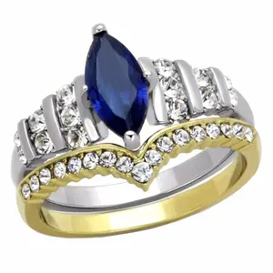 Womens Marquise Cut Sapphire CZ Two Tone Gold Stainless Steel Wedding Ring Set synthetic moissanite