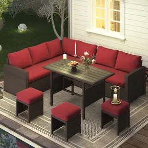 【2/3/4 Packages arrived at different times】YODOLLA 7-Piece Outdoor Sectional Sofa Set - All Weather Wicker Rattan Conversation Set with Dining Table & Chairs, Perfect for Outdoor Fun