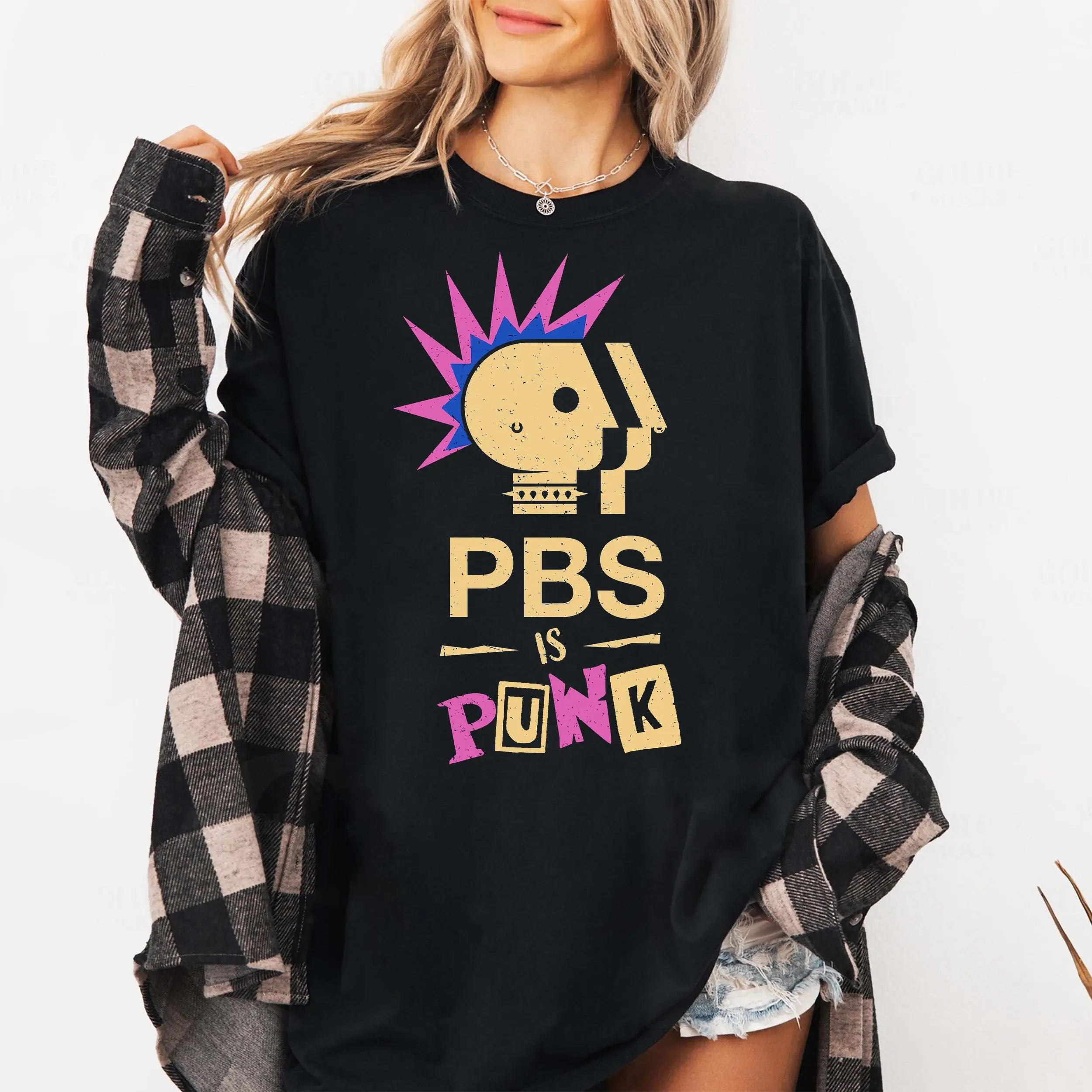 PBS Is Punk Shirt, PBS shirt, Funny Punk Rock Parody Tee with Spiky Hair & Safety Pins, Public Broadcasting Defender Shirt for Rebels Cotton Top Black