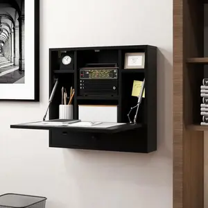 Folding Wall Desk, Wood Wall Mounted Desk with Storage Drawer and Shelves, Fold Down Wall Mount Laptop Desk, Corner Floating Desk for Small Spaces (Black)