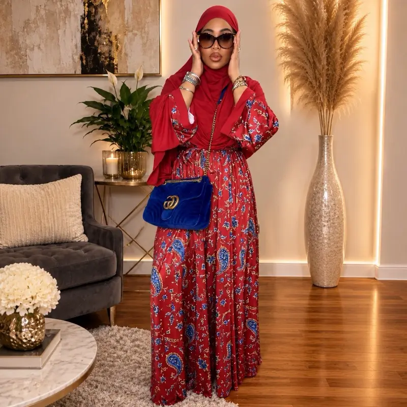 Women's Luxury Paisley Abaya 4-Piece Set - Raha Collection, Including Khimar, Half Niqab, and Belt
