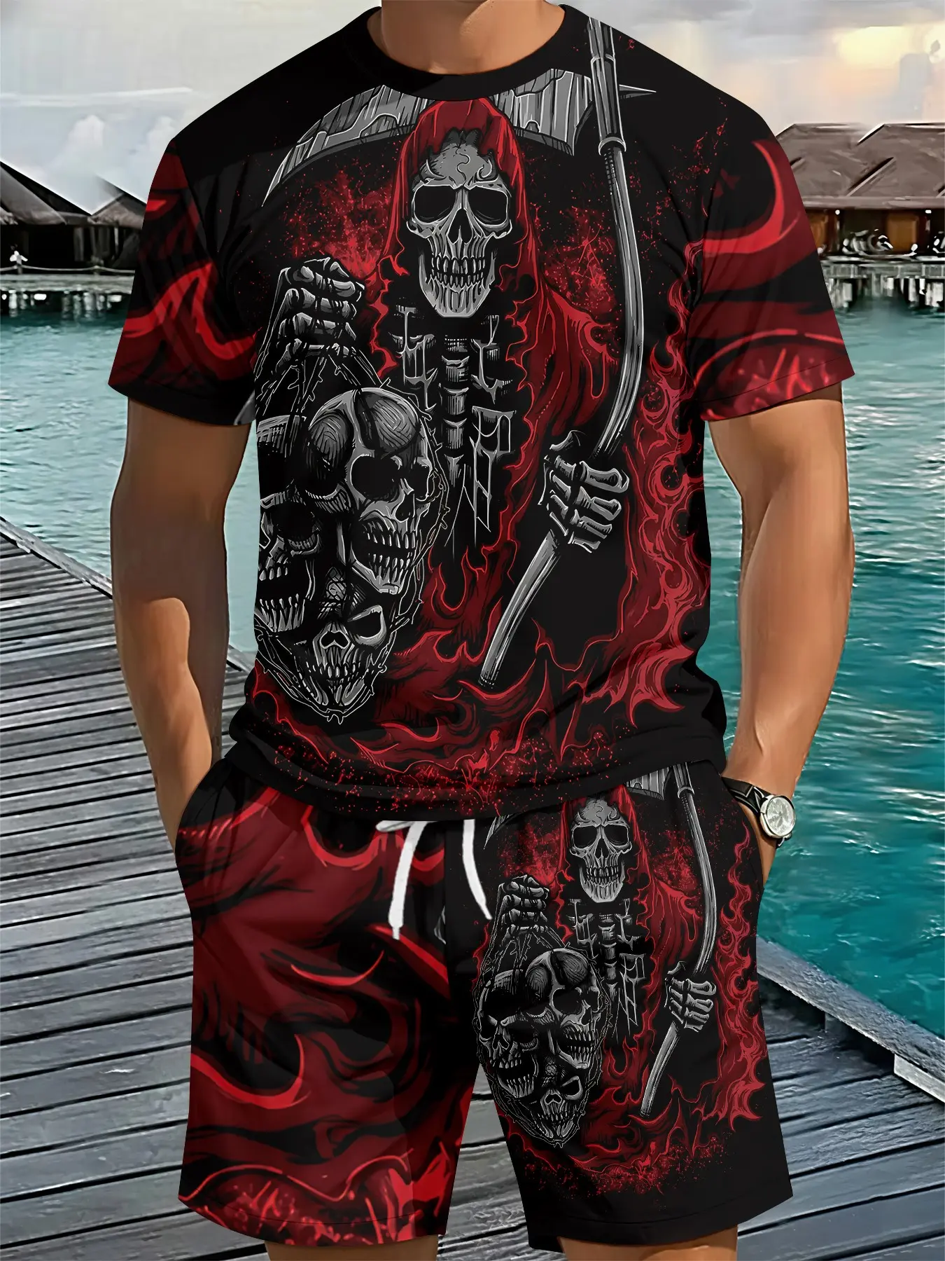 Men's 3D Digital Printed Two-Piece Set Round Neck Menswear with Cool Flame Skull Grim Reaper Print, Stylish Retro Casual Outfit, Trendy Vacation Wear, Breathable Sporty Casual Style, Star Shorts Set, an Ideal Holiday Gift for Men