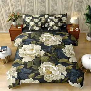 Boho Peony Comforter Set with Sheets,Flower Floral 7-Piece Bedding Set,Spring Groovy Floral Bed in a Bag