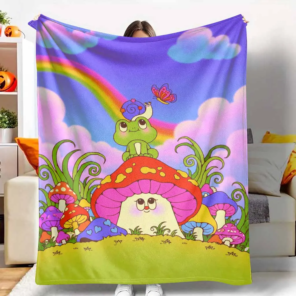 Psychedelic Mushroom Frog Flannel Blanket Aesthetic Y2K Toadstool Snail Butterfly Print Ultra Soft Lightweight Breathable Cozy Warm Throw Suitable For Living Room Bedroom Camping Travel Picnic Couch Sofa Bed Decorative Housewarming Birthday Gift
