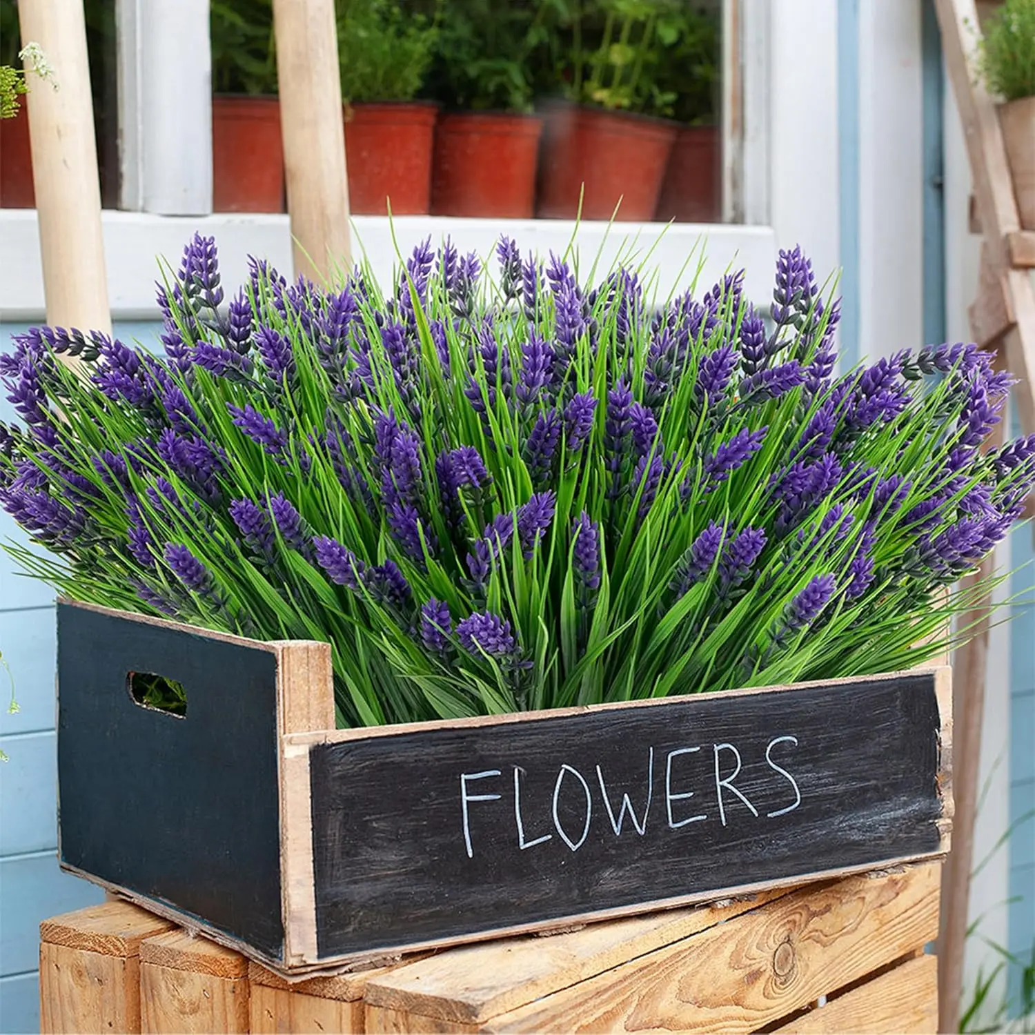24 Bundles Artificial Faux Plants Flowers Outdoor Spring Summer Decoration, UV Resistant Fake Flowers,Realistic Faux Lavender Shrubs for Porch Garden Window Box Home Decoration (Lavender)