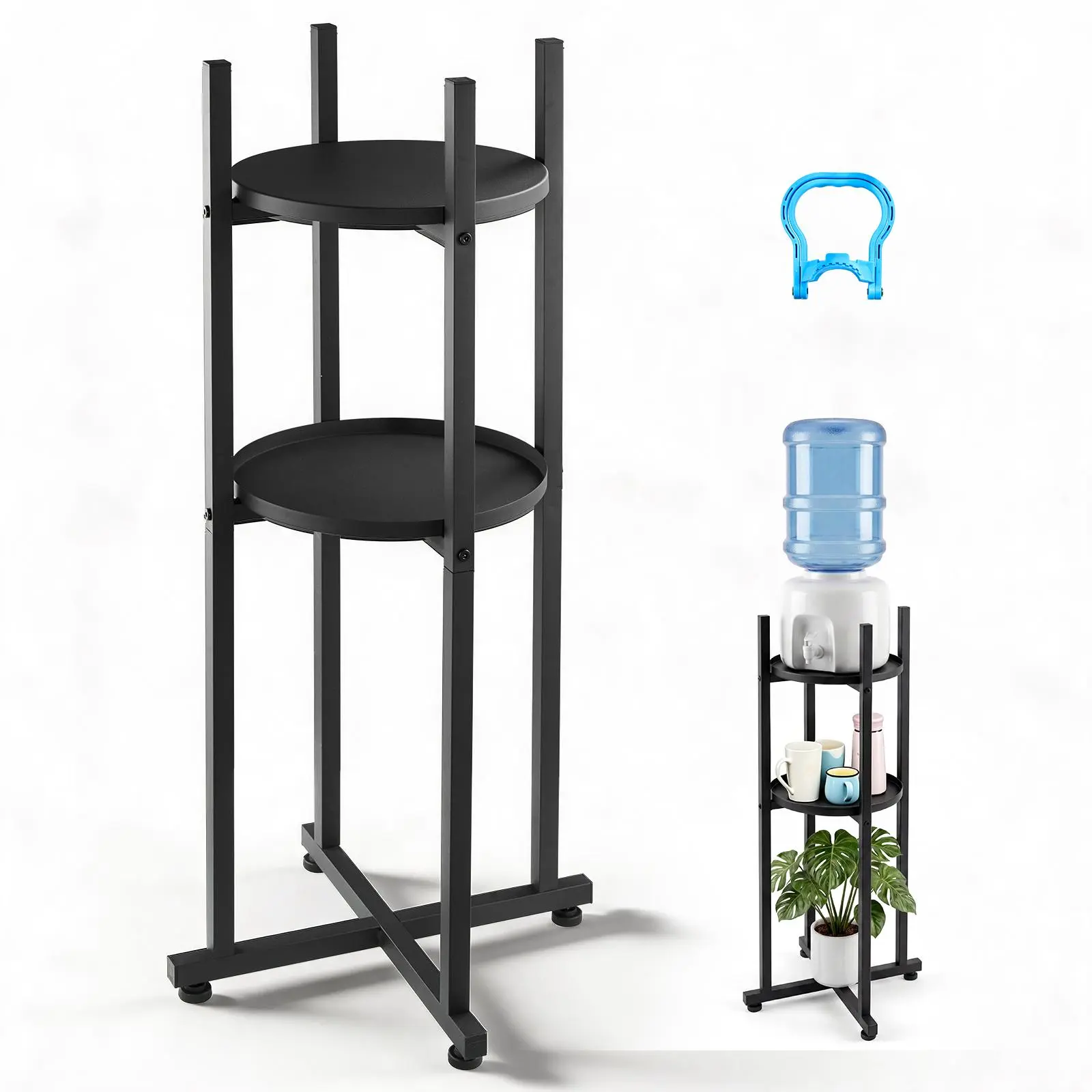 【summerfinds】VEVOR Water Dispenser Stand, 2-Tier 1-Bottle Water Jug Holder, Heavy-Duty Organizer with Detachable Shelf, Cross-Shaped Base, Adjustable ft Pads, 42 lb Load Capacity, Laser-Cut Drilling, for Kitchen, Gym, All Seasons, Kitchenware, Home Ac