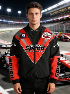 Men's Letter Print Racing Element Jacket, Collared Long Sleeve Fitted Casual Coat, Perfect for Streetwear and Leisure Wear, Fall & Winter