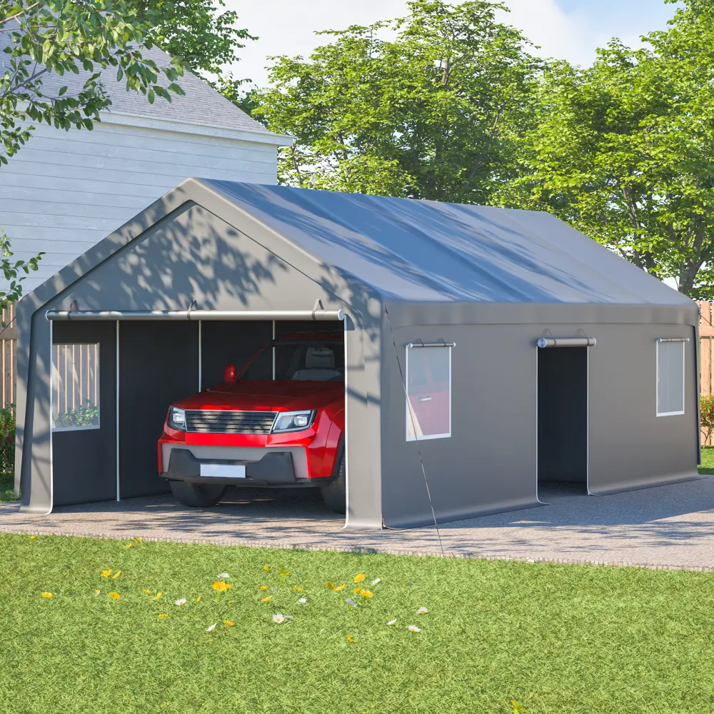 13x26 FT Galvanized Steel Carport, All-Weather Sturdy Outdoor Vehicle Storage Shelter, Heavy-Duty Portable Garage Canopy with Roll-Up Doors, Removable Walls, Ventilation, Intelligent Climate Control & Assembly Required for Car, Truck Protection, Cover