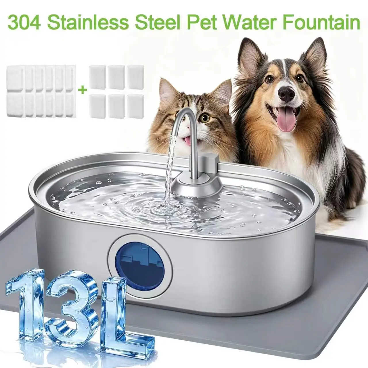 13L/3. 4Gal Large Dog Water Fountain Stainless Steel, Ultra Quiet Pet Water Fountain For Large Dogs & Multi-Pet With Water Level Window, Dry Burn Protection Red/Blue Indicator Light, 304 SS, Easy To Clean, IDEAZOOS
