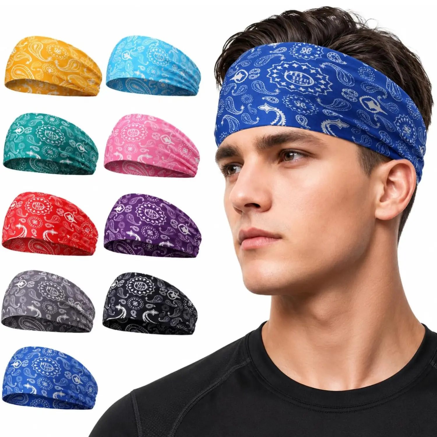 9-Pack Paisley Athletic Headbands, Unisex Sweat-Wicking Polyester Spandex Gym Wrap for Workout & Fitness, Gym Wrap Headband, Headband Accessory