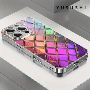 Neon Color Grid Diamond Pattern Glass Phone Case Compatible with iPhone 16 Pro Max, 16 15 Pro 14 PLUS/14 Pro Max 13 13 Pro 12 Pro 11/11 Pro Pro Max Simple Luxury Bright Durable Multifunctional