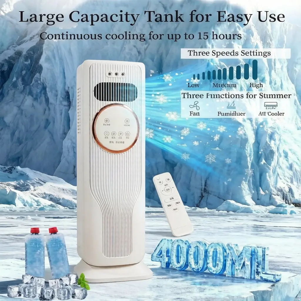 Bladeless & Safe 2-IN-1 Portable Tower Cooling/Heating Fan Heater with Modern Tower Design, 2 Free Ice Packs, Remote Control, 3 Speeds, Energy-Saving Adjustable Room Fan for Personal Space, Sports Rashguards, Bedroom