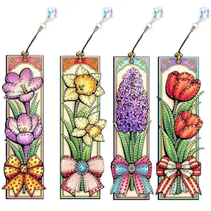 4-piece set of diamond-painted bookmarks, DIY floral bookmarks, home office, school classroom, crystal pendant bookmarks, suitable for beginners as handmade Christmas gifts, Book accessories