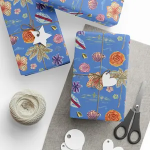 Tropical Floral Blue Gift Wrap — Hand-Painted Flowers & Petals Wrapping Paper