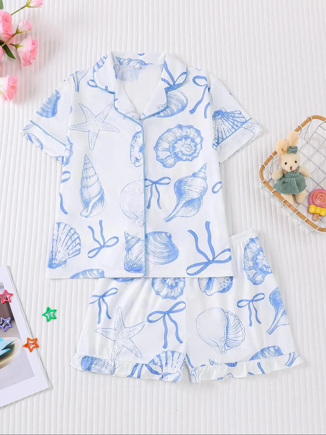 Children's Leisure Pajamas, Summer New Casual Short Sleeves Shirt & Shorts, Fashionable Leisure Marine Pattern, Children's Medium and Can Wear Outside