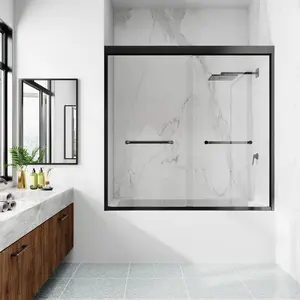 Glide-Bpro 58-60 in.Semi-Frameless Double Sliding Tub Door,Bypass Bathtub Shower Tempered Glass Door,Matte Black,Explosion-Proof Film