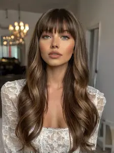24 Inch Fashionable New Long Wavy Dark Brown Wigs with Bangs and Brown Highlights, Synthetic Women's Wigs for Ordinary Work, Life, Dance Parties and All Occasions