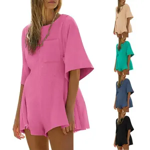 Lannew for Women 2025 Spring Outfits Summer Casual Short Sleeve Crew Neck Loose Jumpsuits with Pocket
