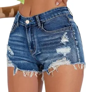 Trendy High-Stretch Denim Shorts - Women's Frayed Hem with Distressed Details & Convenient Pockets for Casual Wear Fit Blue  Comfortable Day Basic