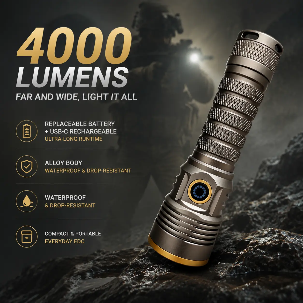 9-Core LED Super Bright Flashlight.4000 lumens.3000mAh replaceable battery with USB-C charging.Multiple brightness levels, double-click for turbo.Flood & throw hybrid beam.Aluminum unibody for efficient heat dissipation and IPX4 water resistance.