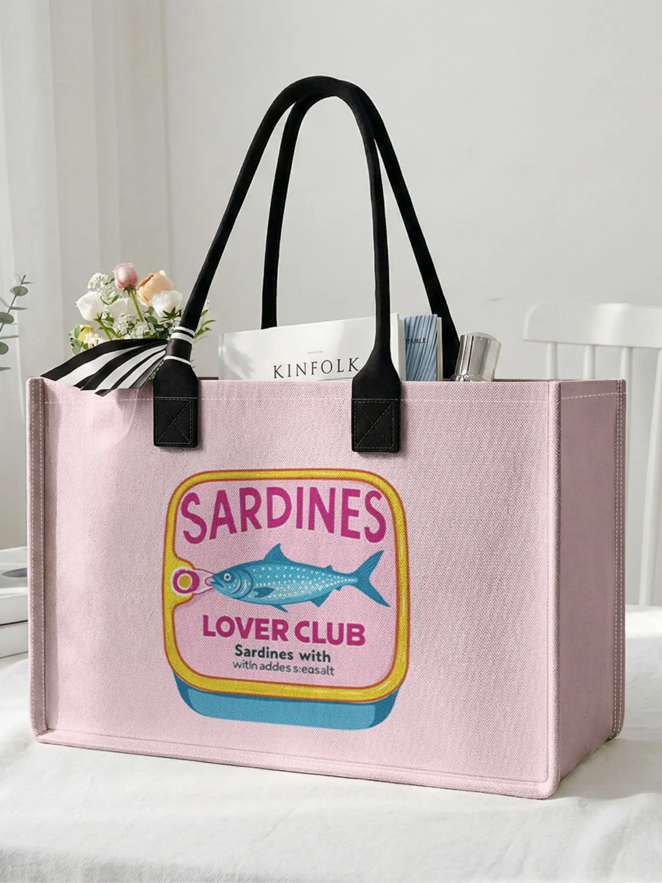 1 piece of sardine can pattern 2D printed large capacity storage bag, extra large storage bag, sturdy handle, space-saving multi-purpose, Travel Essentials, suitable for use at school, business trips, shopping, Reusable Bags