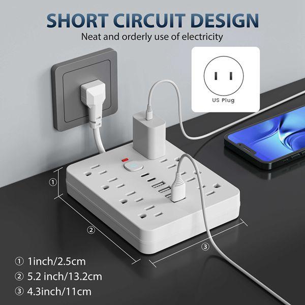 Multi-Function Multi-Socket Extension Cord with USB Type-C Charging Adapter Short Cable US Standard AC 110V Flexible Soft Cord
