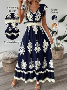 Women's V Neck Ruffle Hem A-Line Dress, Fitted, Elegant All over Print, Elastic Waist, Moderate Woven Fabric, Casual Vacation Wear