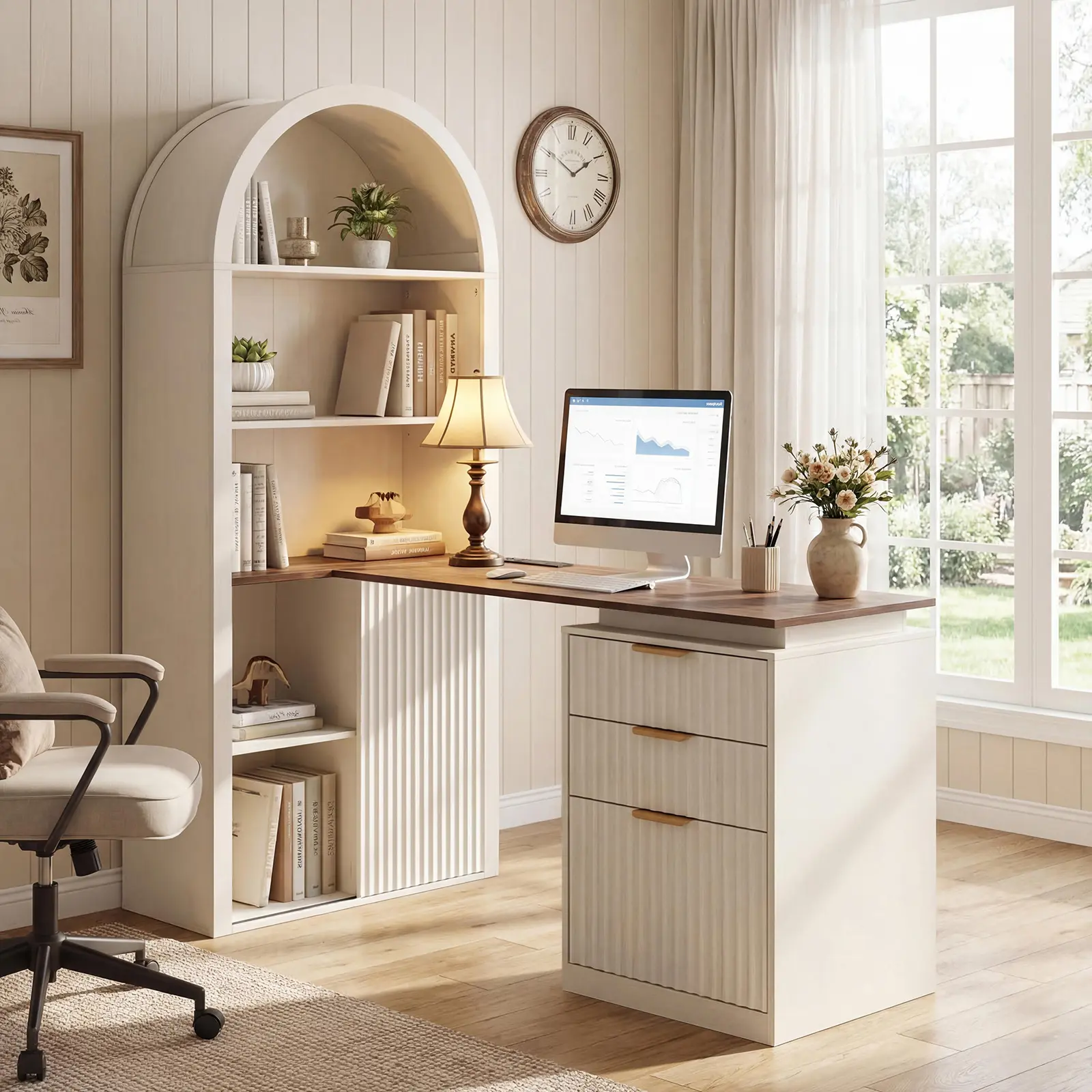NORTHSKY 61" L Shaped Desk with Arched Bookshelf, Fluted Corner Computer Desk with 3 Drawers, Sleek Sliding Door, Built-in Charging Station, Elegant Modern Workstation for Home Office, Black