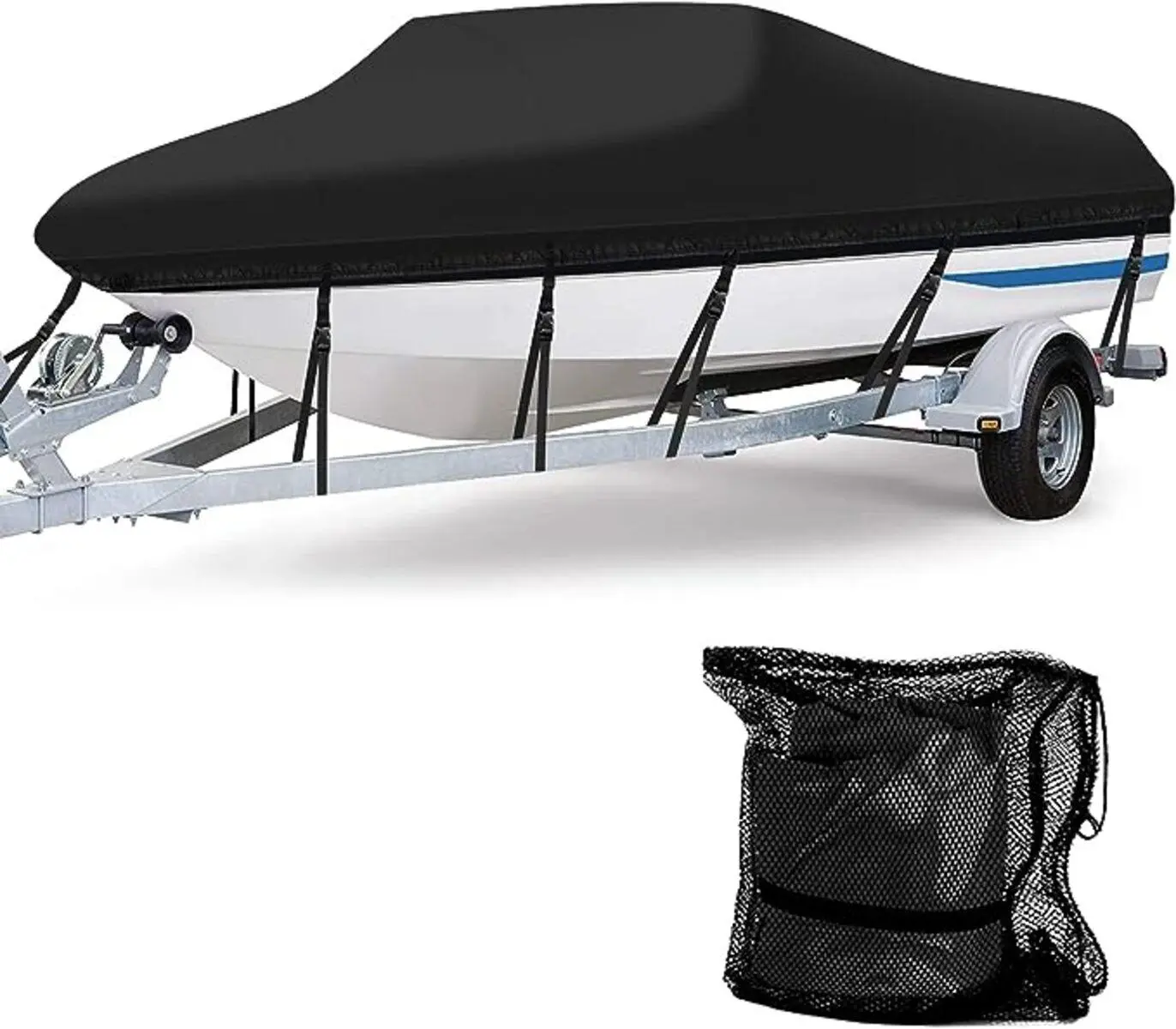 Heavy Duty 600D Marine Grade Polyester Waterproof Boat Cover, All Weather Protection Bass Runabout Boat Cover Fit for V-Hull, TRI-Hull, Pro-Style, Fishing Boat