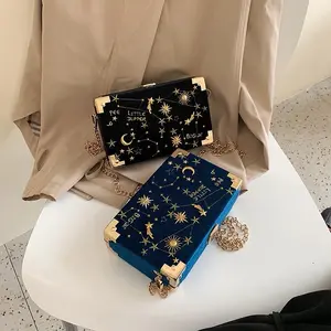 New Korean Velvet Box Bag with Embroidered Stars and Chain Shoulder Strap for Women