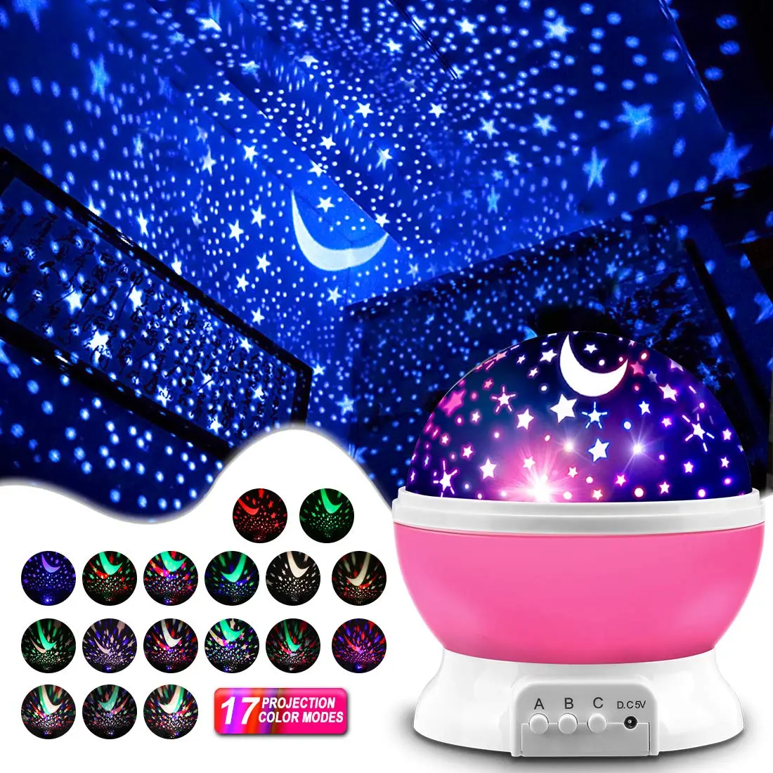 Black LED Multicolor 360-Degree Rotation Night Light Projector, Kids Bedroom Mood Light & Room Decor, Birthday Gift for 1-9,14-Year-Old Boys, Multifunction RGB Colors Novelty Lighting
