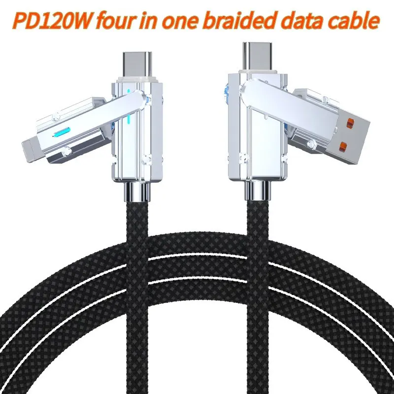 120w Zinc Alloy Braided Data Cable, Four-In-One Charging Cable, Compatible with Huawei, Apple, Android Devices, Durable and Fast Charging