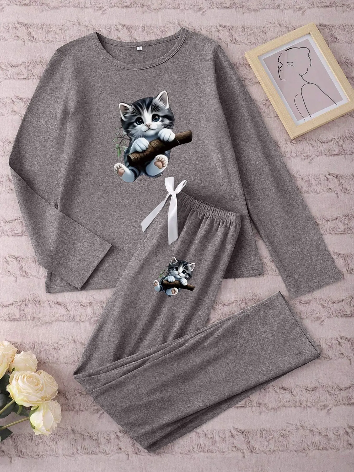 Women's Long Sleeve Pajama Set Casual Comfy Pajama Cartoon Cat Print, Casual Pyjama Set, Fitted Sleepwear for Spring & Fall, Casual Home Wear, Comfortable Nightwear