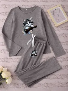 Women's Long Sleeve Pajama Set Casual Comfy Pajama Cartoon Cat Print, Fitted Sleepwear for Spring & Fall, Casual Home Wear, Comfortable Nightwear
